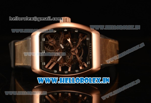Franck Muller Vanguard Miyota Automatic Copy Tourbillon Rose Gold Case With Skeleton Dial Leather/Rubber Strap - Click Image to Close